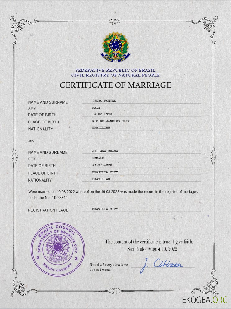 Modèle PSD de certificat de mariage au Brésil